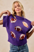 BiBi Gameday Sequin Football Patches Rib Banded Sweater
