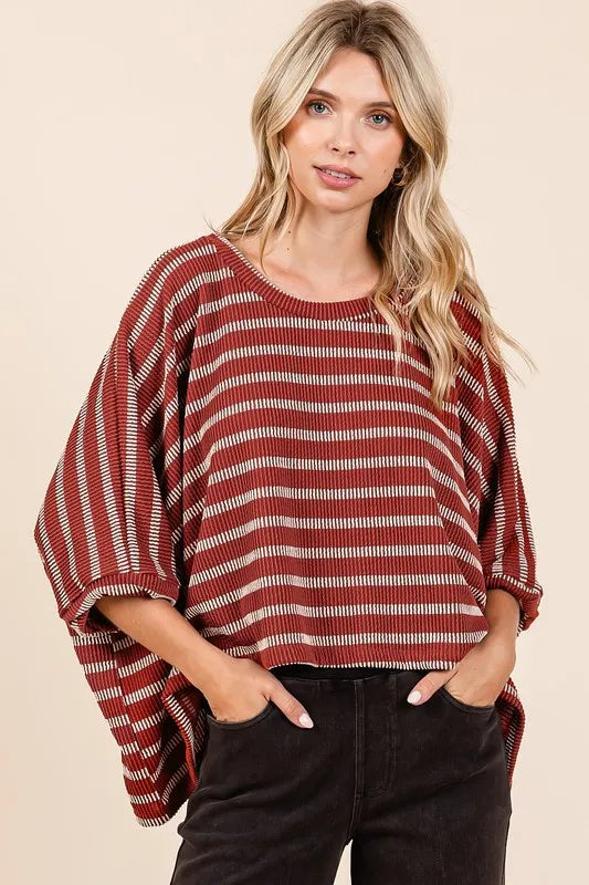 Mittoshop Texture Striped Print Round Neck Dolman Sleeve Top