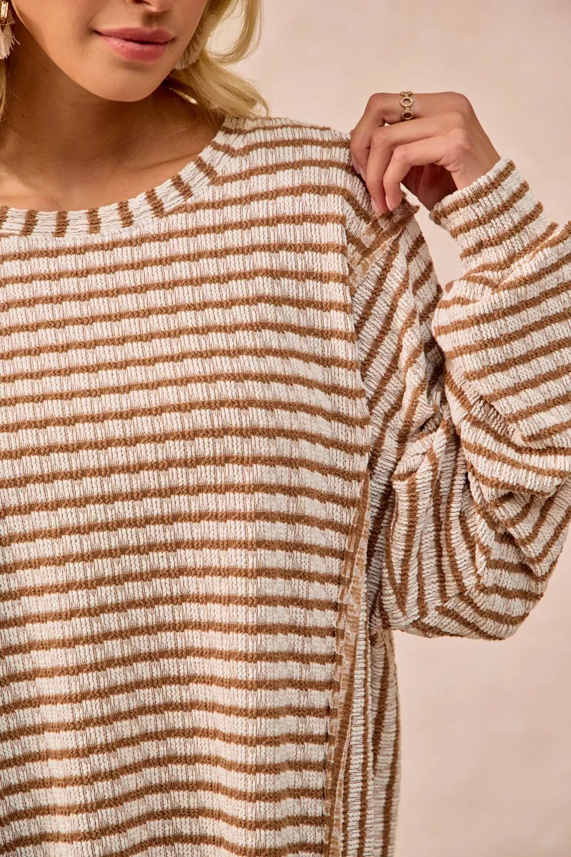 BiBi Open Seam Detail Textured Stripe Knit Top
