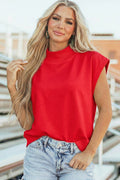 Racing Red Solid Color High Neck Cap Sleeve Loose Top