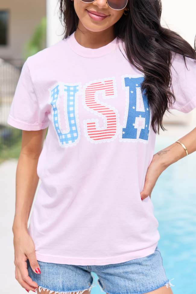 USA Lace Print Light Pink Comfort Colors Graphic Tee