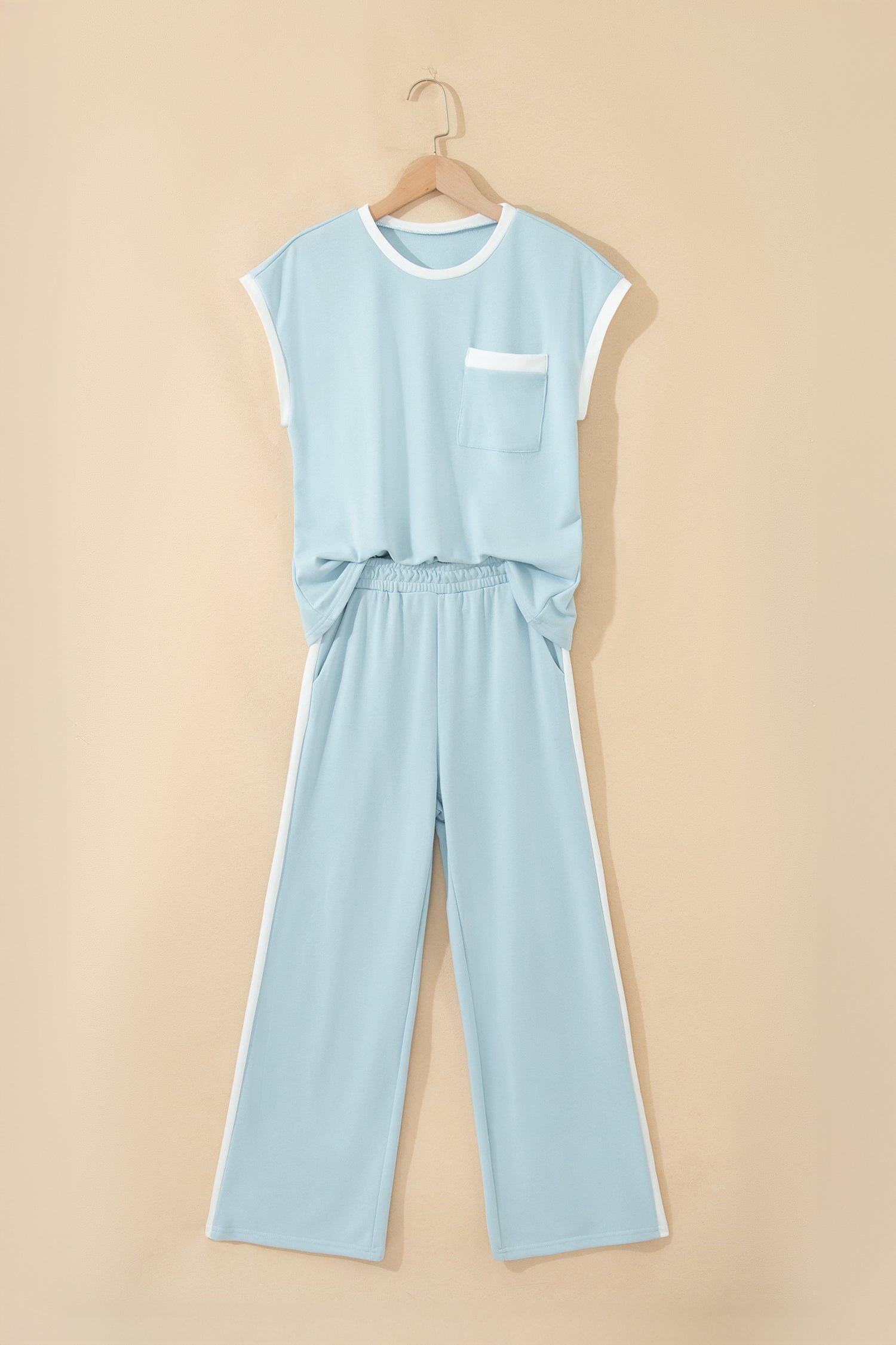 Mist Blue Contrast Trim Round Neck Pocketed Boxy Tank Top Wide Leg Pant Set