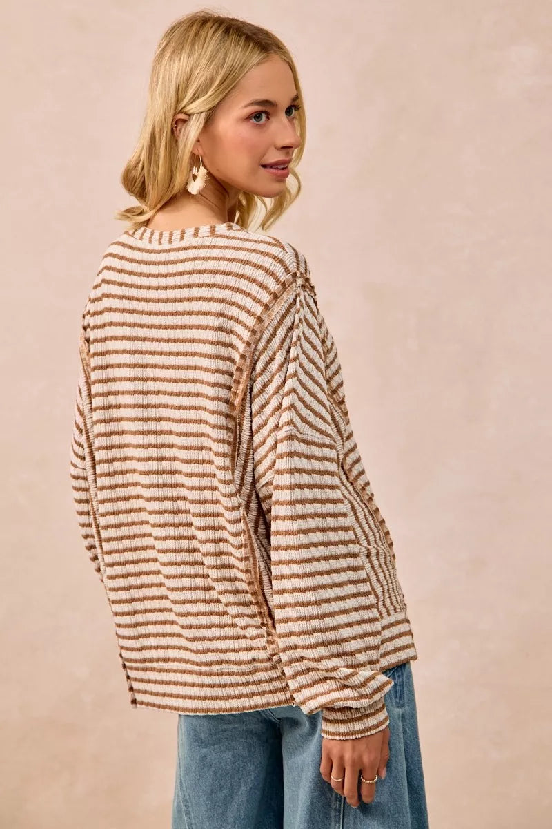 BiBi Open Seam Detail Textured Stripe Knit Top