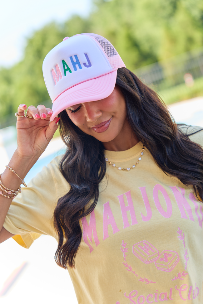 Mahj Block White/Pink Embroidered Trucker Hat SALE