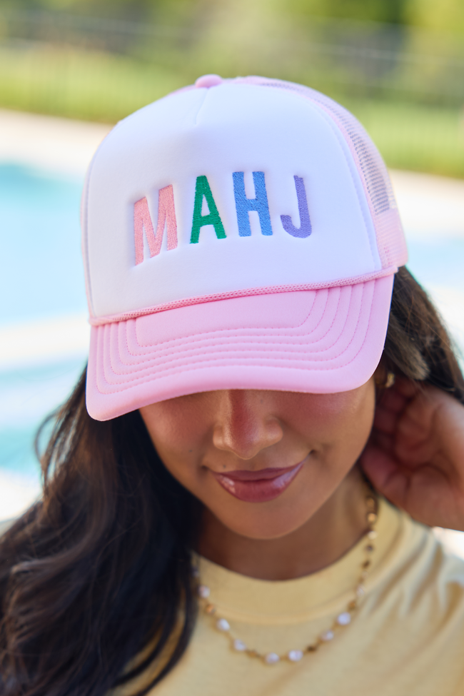 Mahj Block White/Pink Embroidered Trucker Hat SALE