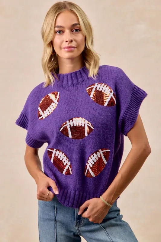 BiBi Gameday Sequin Football Patches Rib Banded Sweater