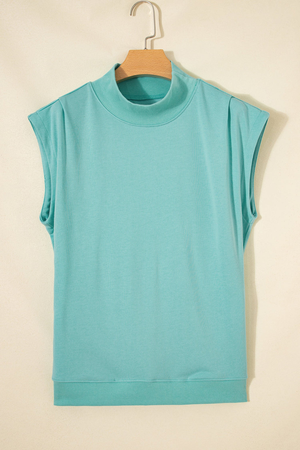 Mint Green Solid Color High Neck Cap Sleeve Loose Top