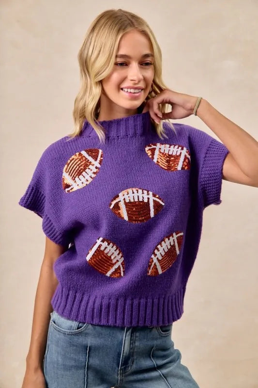 BiBi Gameday Sequin Football Patches Rib Banded Sweater