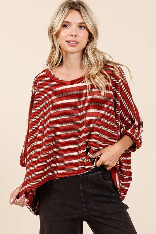 Mittoshop Texture Striped Print Round Neck Dolman Sleeve Top