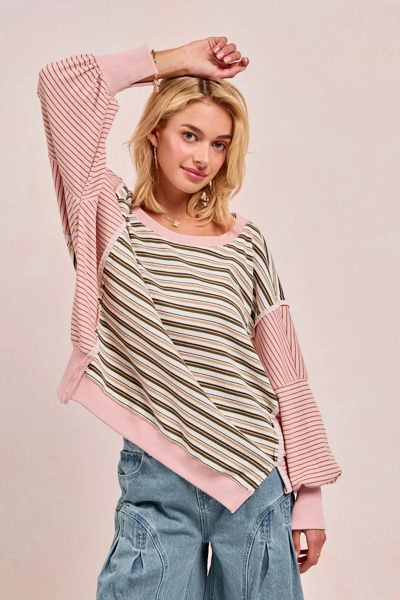 BiBi Stripe Mixed Top With Cut Edge And Reverse Outseam
