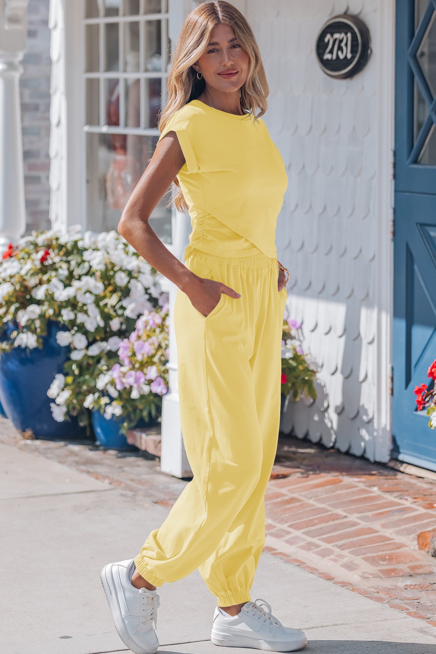 Yellow Cream Solid Color Cropped Tank Top and Jogger Pants Set