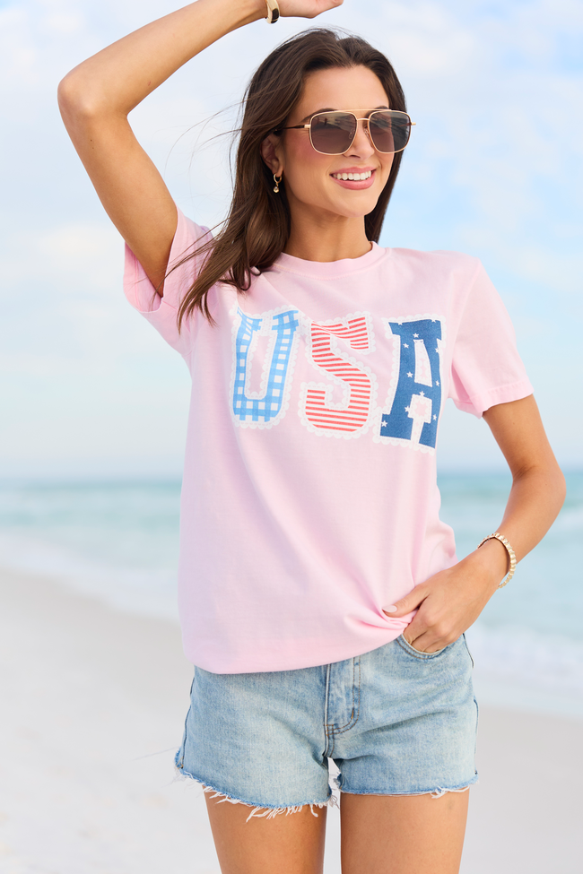 USA Lace Print Light Pink Comfort Colors Graphic Tee