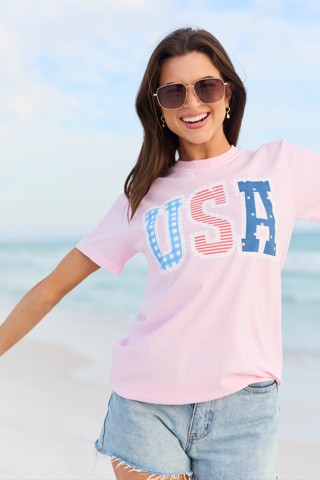 USA Lace Print Light Pink Comfort Colors Graphic Tee