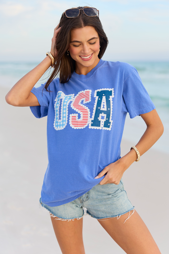 USA Lace Print Blue Comfort Colors Graphic Tee