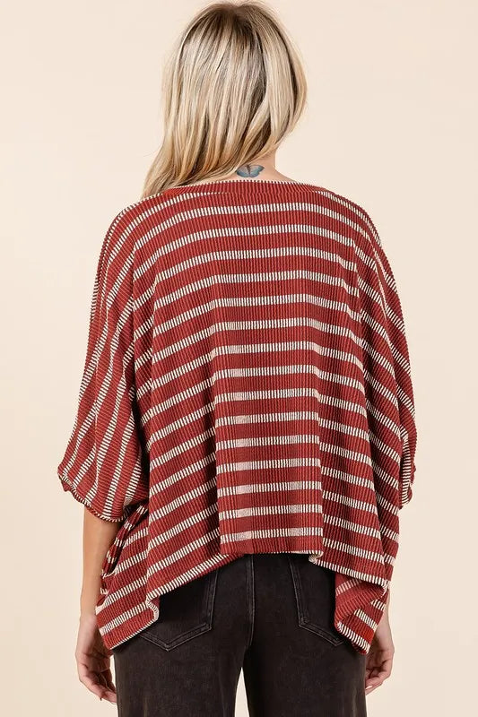 Mittoshop Texture Striped Print Round Neck Dolman Sleeve Top