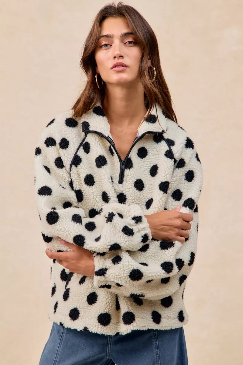 BiBi Polka Dot Sherpa Half Zip Up Top with Side Pocket
