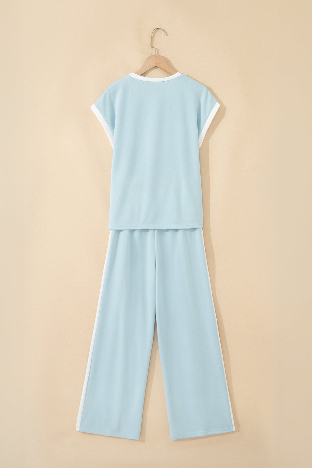 Mist Blue Contrast Trim Round Neck Pocketed Boxy Tank Top Wide Leg Pant Set