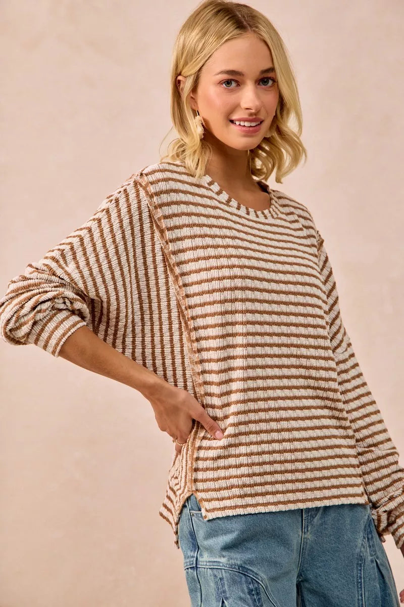 BiBi Open Seam Detail Textured Stripe Knit Top