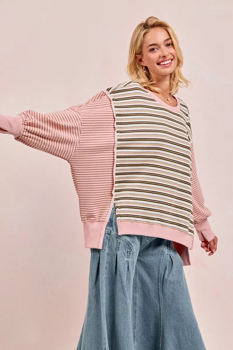 BiBi Stripe Mixed Top With Cut Edge And Reverse Outseam