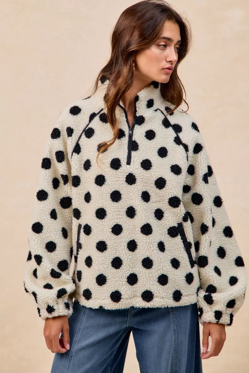 BiBi Polka Dot Sherpa Half Zip Up Top with Side Pocket