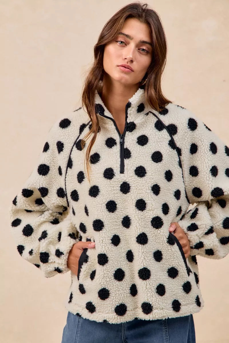 BiBi Polka Dot Sherpa Half Zip Up Top with Side Pocket