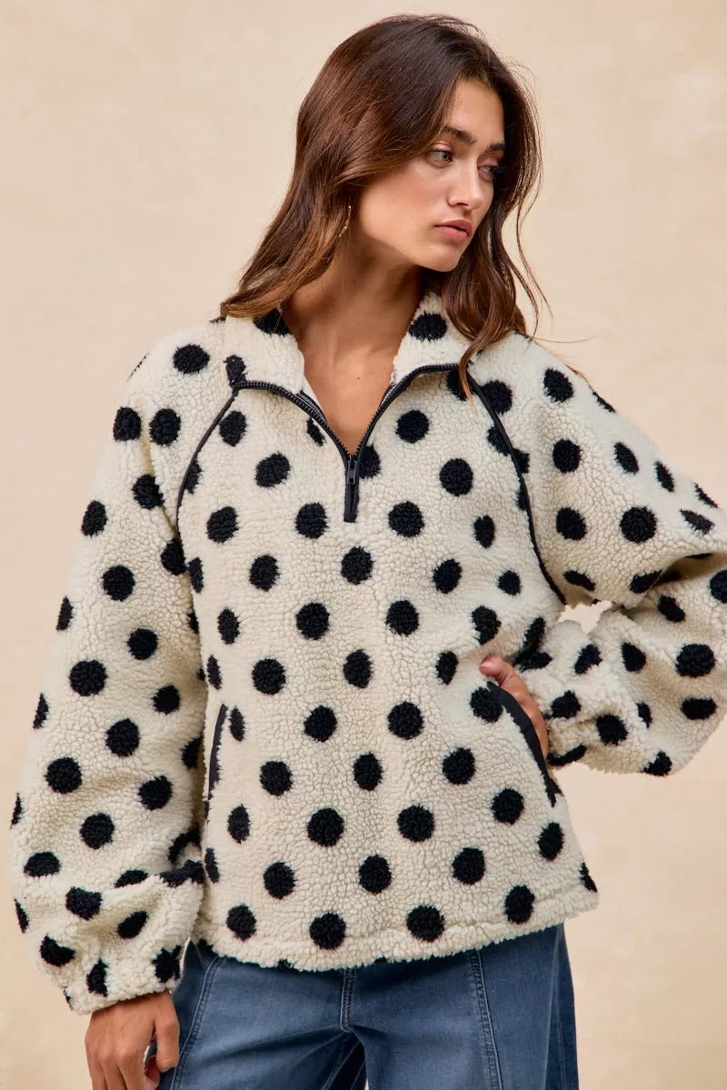 BiBi Polka Dot Sherpa Half Zip Up Top with Side Pocket